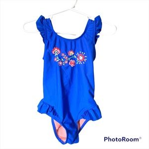 Hula Star Girl’s Blue Ruffled floral embroidered one piece swimsuit 24 months